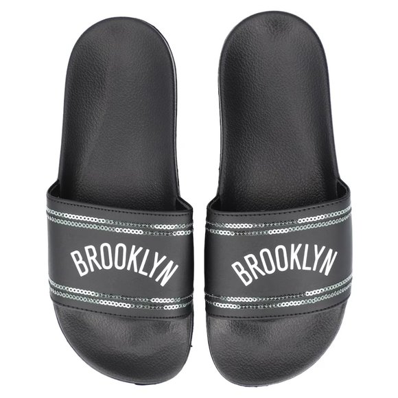 NWT Small Brooklyn Nets Women's Sequin Slide Sandals - Picture 2 of 5